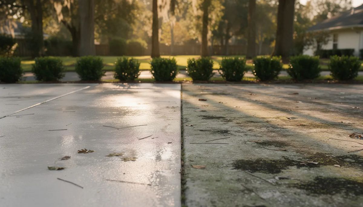 Bright clean home exterior with tidy landscaping after professional house washing